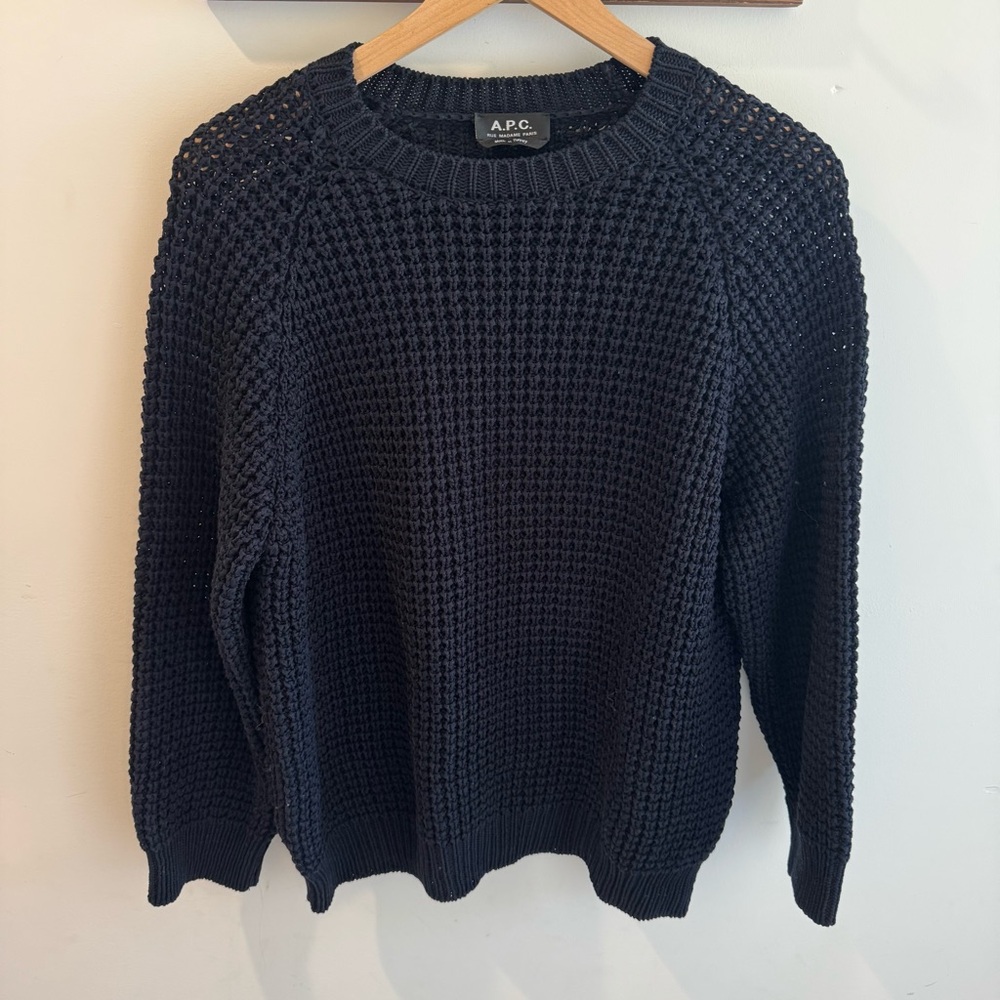 APC Black 100% Cotton Waffle‎ Knit Crewneck Sweater Large